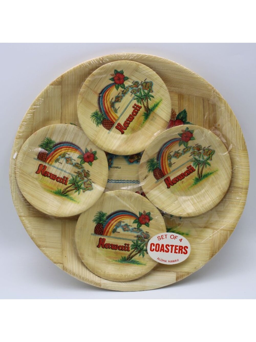 5 Piece Set of Hawaii Bamboo Plate And Coasters Rainbow Island Map Pineapple VTG